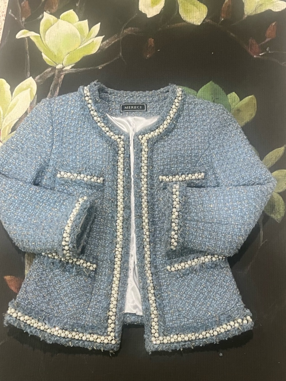 Mereci Light Blue Tweed Pearl-Trim Jacket